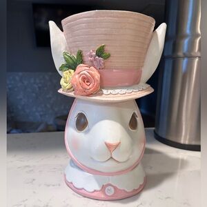 Pink and White Rabbit Planter with Floral Hat